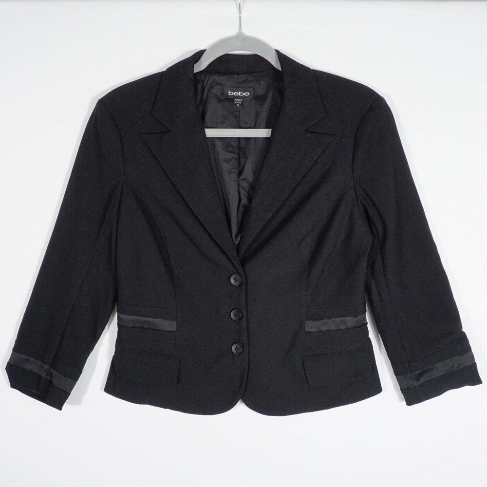 BEBE Womens Blazer Size 10 Crop Short Black Cuff Sleeve Button Front Jacket